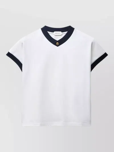 Versace Short Sleeve Cotton Jersey V Neck Top In White
