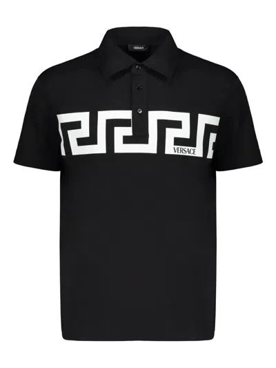 Versace Short Sleeve Cotton Polo Shirt In Black