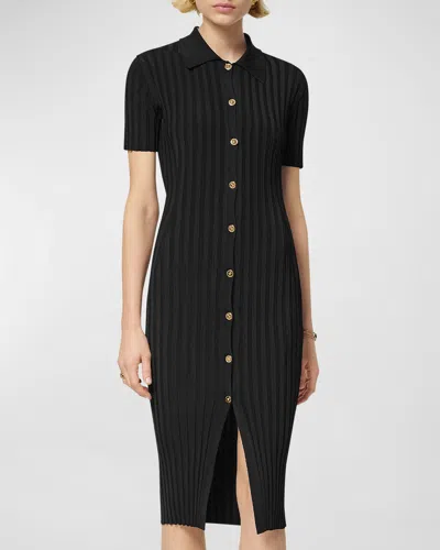 Versace Short-sleeve Flat-rib Knit Button-front Shirtdress In Black