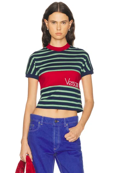 Versace Logo-embroidered Striped Cotton-jersey T-shirt In Black