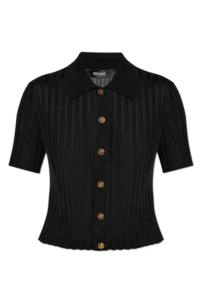 Versace Short-sleeved Button-up Knitted Shirt In Nero