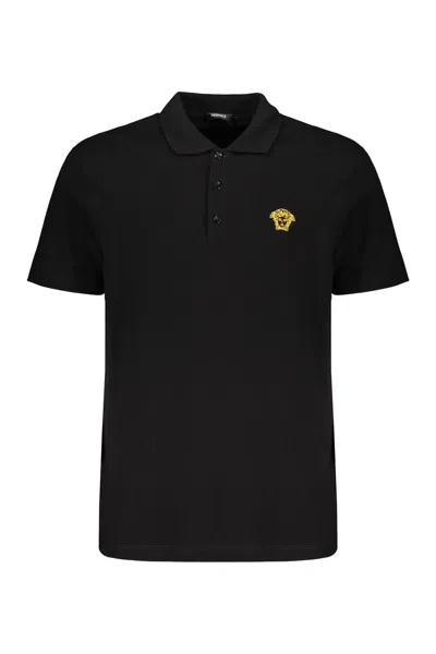 Versace Logo-embroidered Short-sleeved Polo Shirt In Black