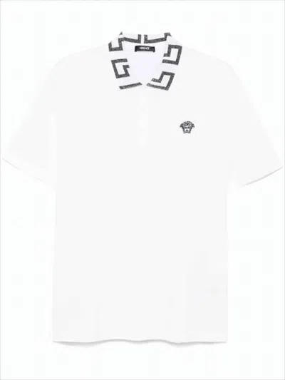 Versace Short-sleeved Polo Shirt With Geometric Collar Detail In White