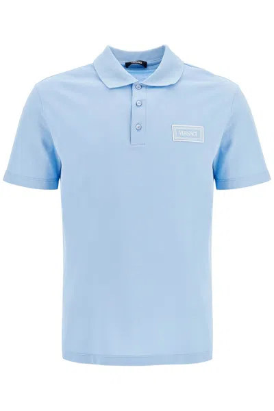 Versace Short-sleeved Polo Shirt With Logo Men In Blue