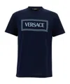Versace Blue Crewneck T-shirt With 90's Logo Print In Blue