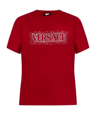 Versace Embellished Logo Crewneck T-shirt In Red