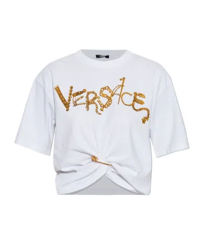 Versace Studded Chain Logo Safety Pin Graphic T-shirt In Multi