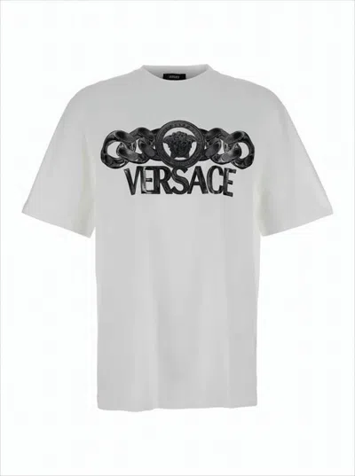Versace Short-sleeved T-shirt With Embossed Medusa Design In Yellow