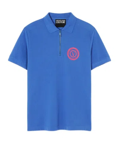 Versace Short-sleeved Zippered Polo Shirt In Blue