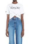 Versace Safety-pin Logo Embroidered Crop T-shirt In White