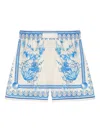 Versace Underwater Barocco Bicolor Foulard Cotton Poplin Pull-on Shorts In Blue