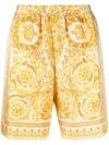 Versace Golden Barocco Print Silk Shorts In Yellow