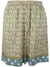 Versace Silk Bermuda Shorts With All-over Logo In Blue