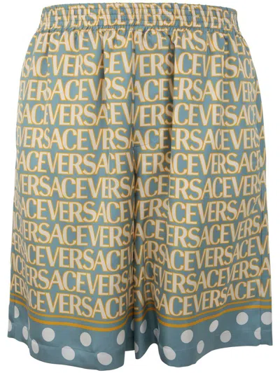 Versace Shorts Silk Fabric With  All Over Print In Blue