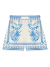 Versace Underwater Barocco Bicolor Foulard Cotton Poplin Pull-on Shorts In Blue