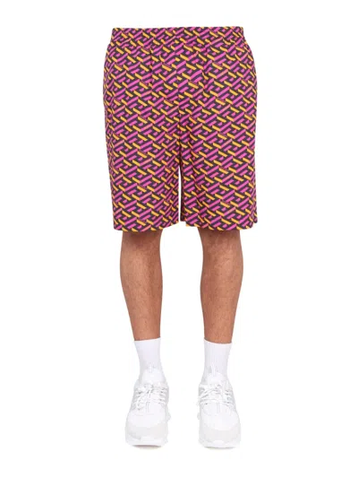 Versace Shorts With La Greca Print In Multi