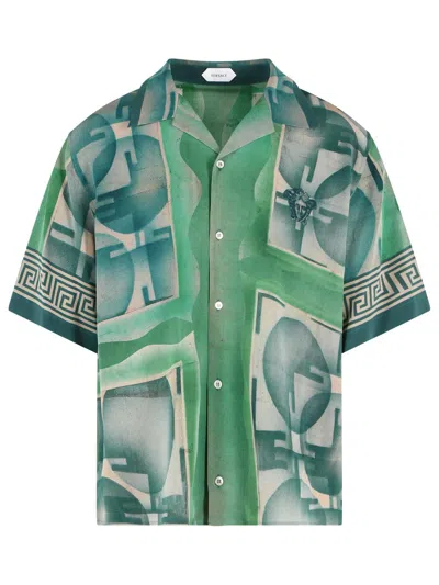 Versace Short-sleeve Green Silk Shirt With Geometric Print
