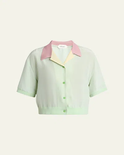 Versace Short-sleeve Silk Color Block Blouse In Green