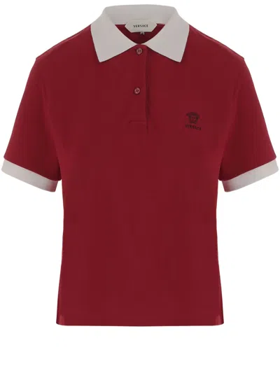 Versace Short-sleeved Cotton Polo Shirt With Contrast Collar And Logo In Red