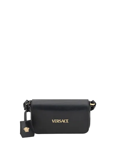 Versace Logo-lettering Shoulder Bag In Black- Gold