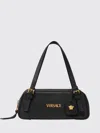 Versace Tag Bowling Black Shoulder Bag With Metallic Logo Lettering And Medusa Head Pendant In Leather Woman In Blue