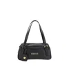 Versace Tag Bowling Black Shoulder Bag With Metallic Logo Lettering And Medusa Head Pendant In Leather Woman In Black