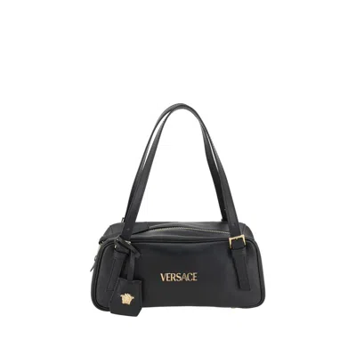 Versace Tag Bowling Black Shoulder Bag With Metallic Logo Lettering And Medusa Head Pendant In Leather Woman