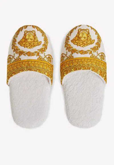 Versace White Baroque Slippers In Z7010 Bianco-oro