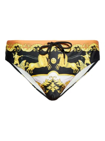 Versace Signature Baroccoflage Print Swim Trunks In Black