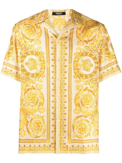 Versace Signature Baroque Print Silk Shirt For Men In Golden