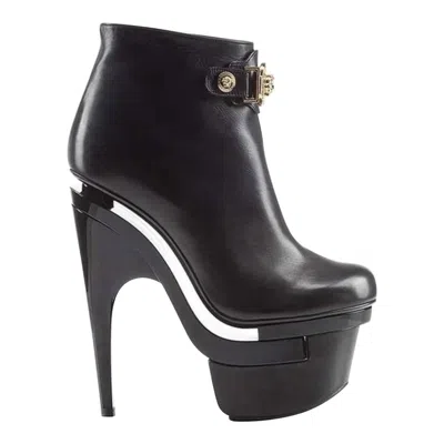 Pre-owned Versace Signature Black Leather Boots With Triple Platform