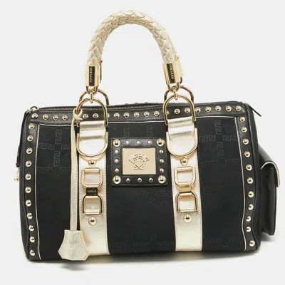 Versace Signature Fabric And Leather Studded Snap Out Of It Satchel In Black