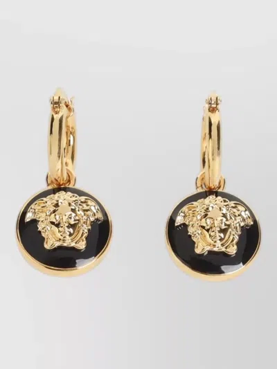 Versace Signature Hoop Earrings Featuring Enamel Pendants In Black