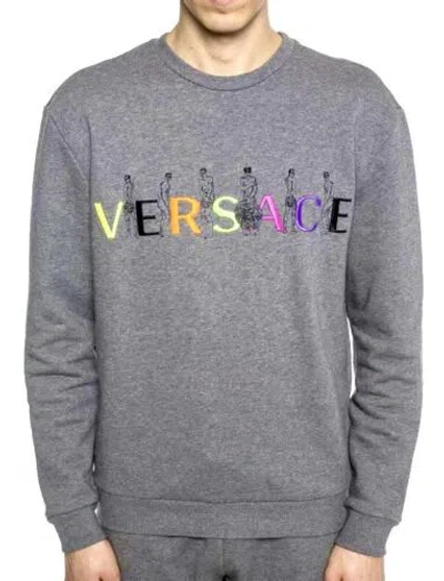 Pre-owned Versace Signature Logo 100% Cotton Fleece Sweatshirt Made In Italy $450 In Gray