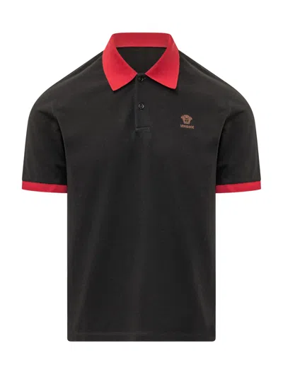 Versace Medusa Logo Cotton Polo Shirt In Black