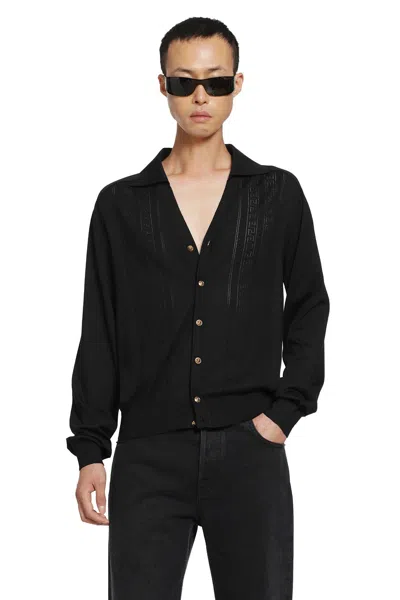 Versace Silk And Cotton Knit Polo Cardigan In Black