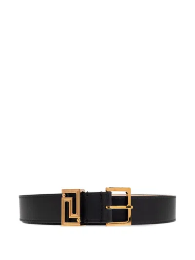 Versace Silk And Nylon Belt With Geometric Gold-tone Buckle In Black