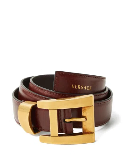 Versace Silk And Nylon Belt With Gold-tone Buckle And Logo Detail In Brown