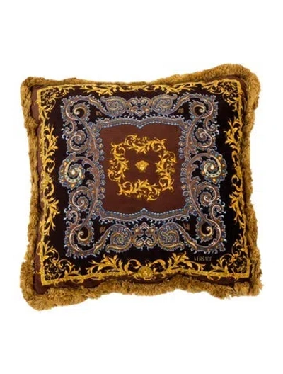 Pre-owned Versace Silk & Velvet Baroque Throw Pillow In Brown