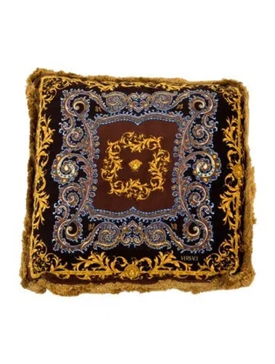 Pre-owned Versace Silk & Velvet Baroque Throw Pillow In Brown