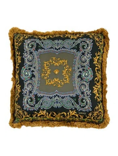 Pre-owned Versace Silk & Velvet Baroque Throw Pillow In Brown