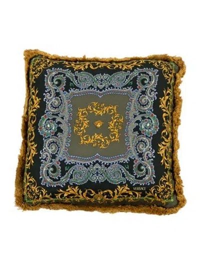 Pre-owned Versace Silk & Velvet Baroque Throw Pillow In Brown