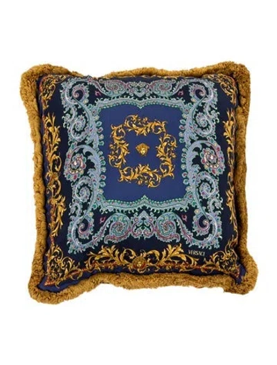 Pre-owned Versace Silk & Velvet Baroque Throw Pillow Cover In Blue