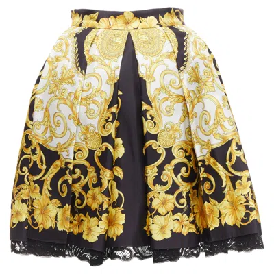 Versace Silk Barocco Hibiscus Print Lace Trimmed Skirt In Black
