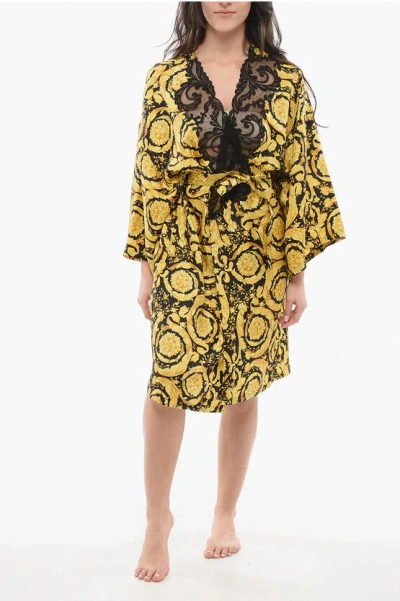 Versace Silk Barocco Robe In Yellow