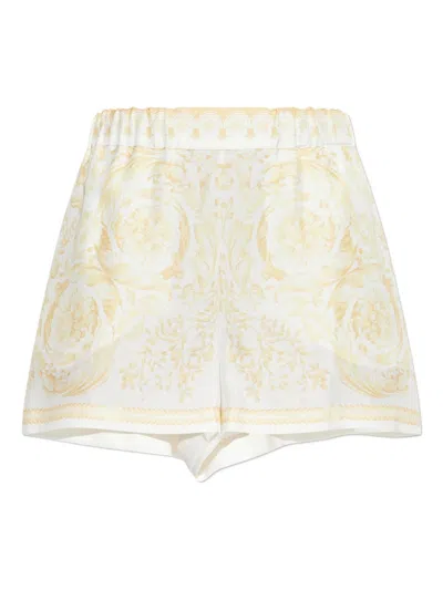 Versace Silk Baroque Print Shorts With Elastic Waistband - Size 38 In White