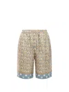 Versace Silk Bermuda Shorts With All-over Logo In Blue