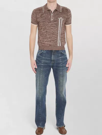 Versace Silk Blend Jacquard Knit Polo Shirt In Brown