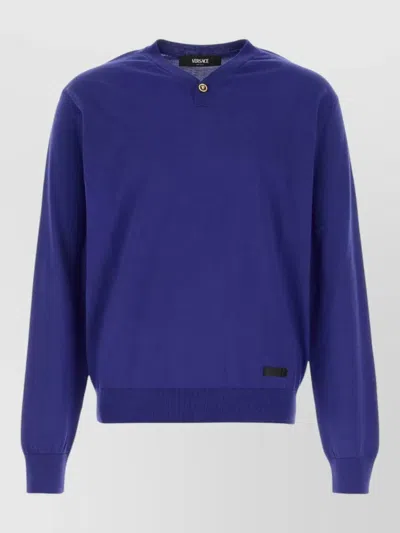 Versace Silk Blend Sweater Button Detail Ribbed Trims In Blue