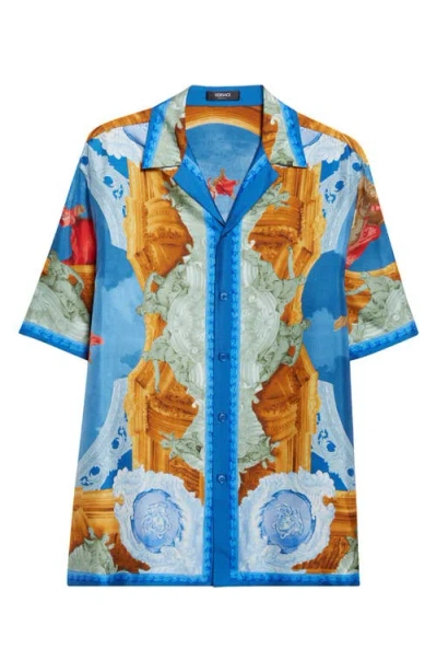 Versace Camp-collar Printed Silk-twill Shirt In Blue